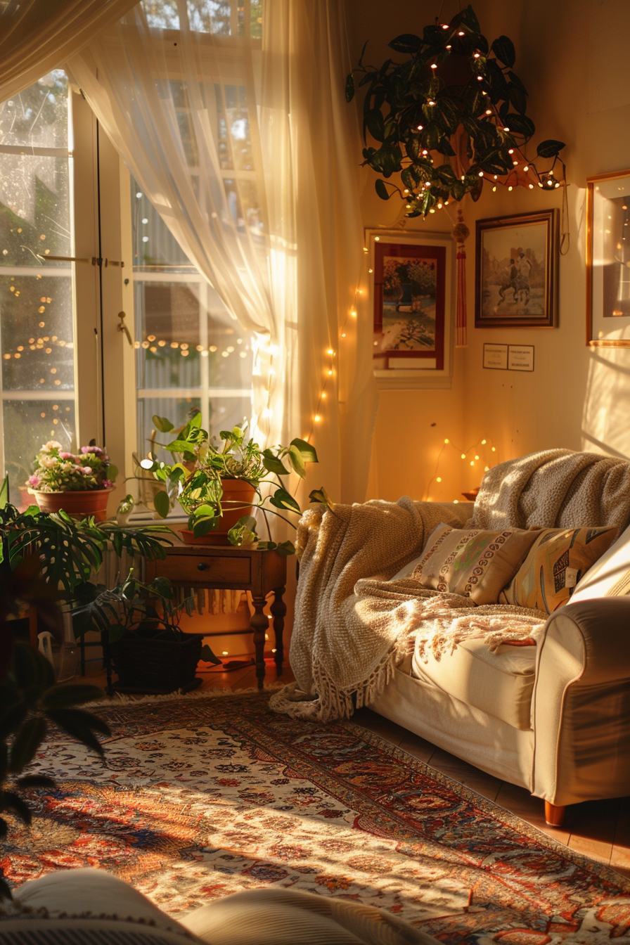 A cozy room with warm sunlight streaming through sheer curtains, indoor plants, a sofa with a knit throw, and twinkling lights.