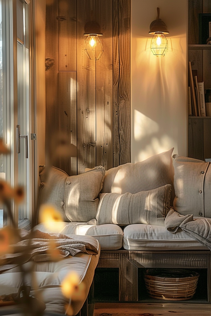 Cozy corner of a room with a plush sofa, cushions, wall-mounted lights, and a bookshelf, bathed in warm, golden light.