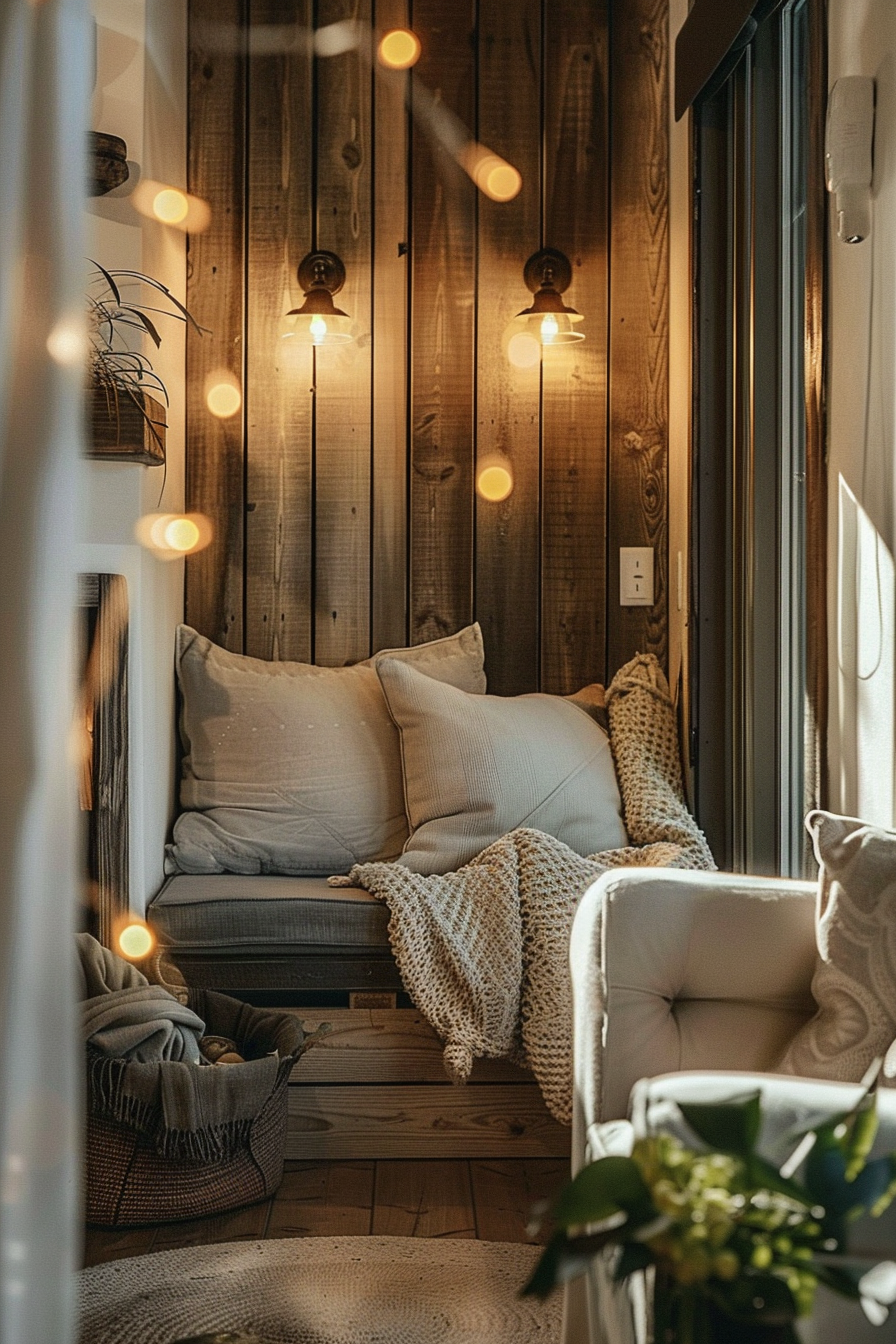 Cozy window nook with cushions, knit blanket, and warm lighting, creating a comfortable reading space.