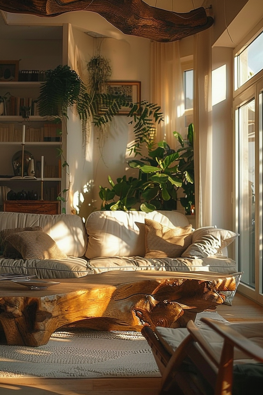 Cozy sunlit living room with a plush sofa, wooden furniture, houseplants, and a bookshelf, creating a warm and peaceful ambiance.
