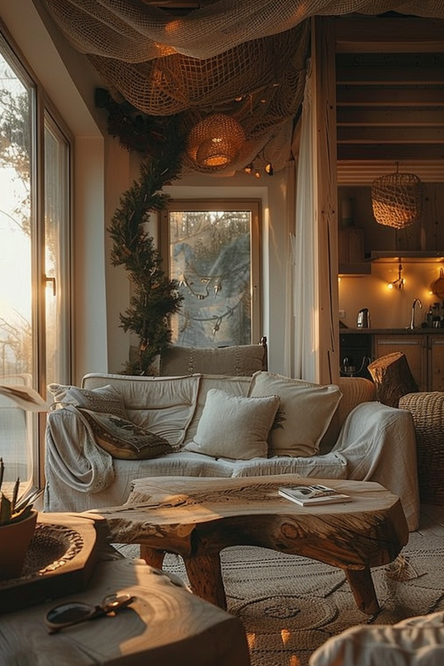 Cozy interior with a beige sofa, wooden table, netted lighting, greenery, and ambient lamps; a warm, rustic setting at twilight.