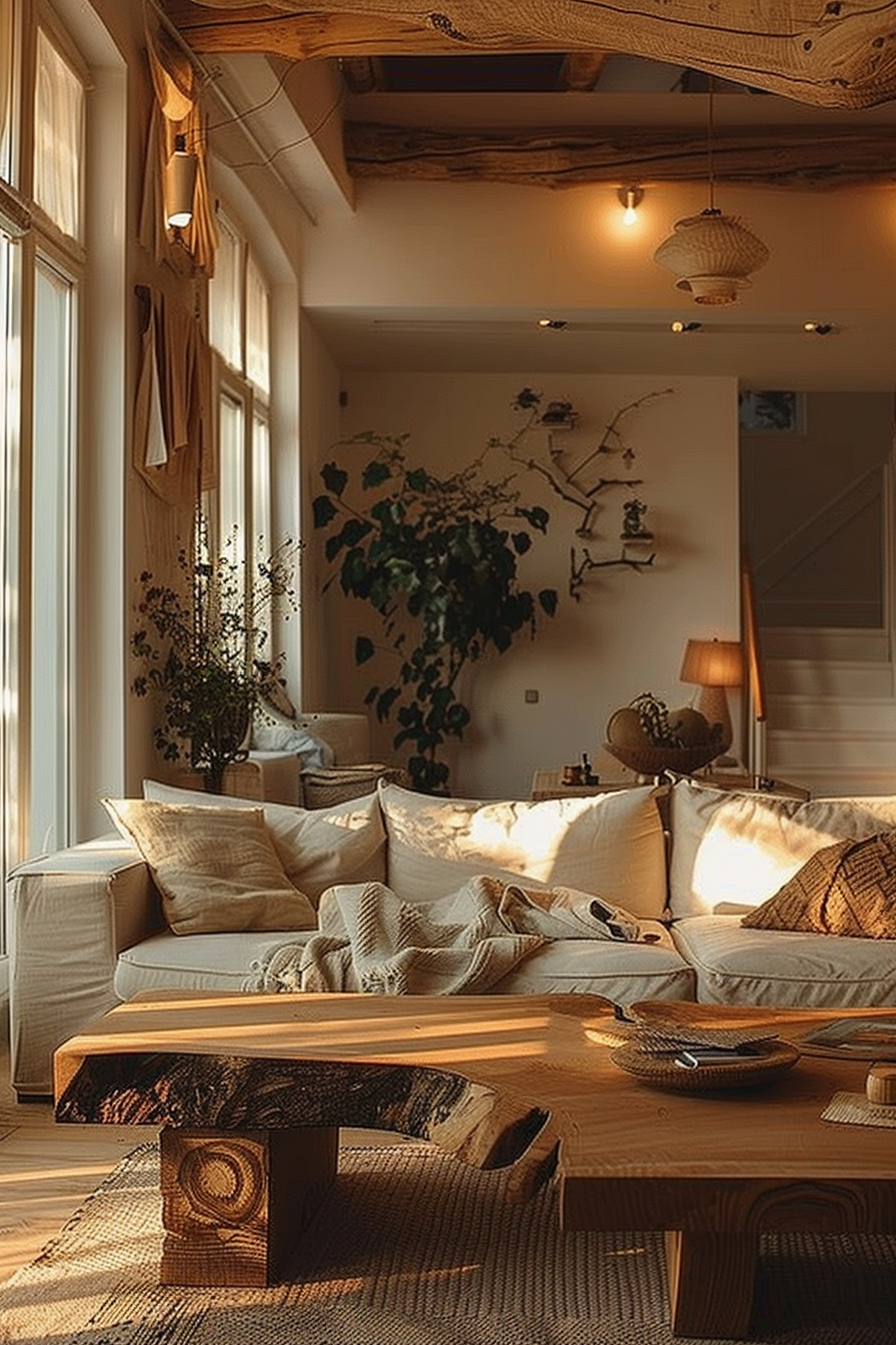 Cozy living room with warm sunlight, featuring a sofa, rustic wooden table, plants, and earth-toned decor.