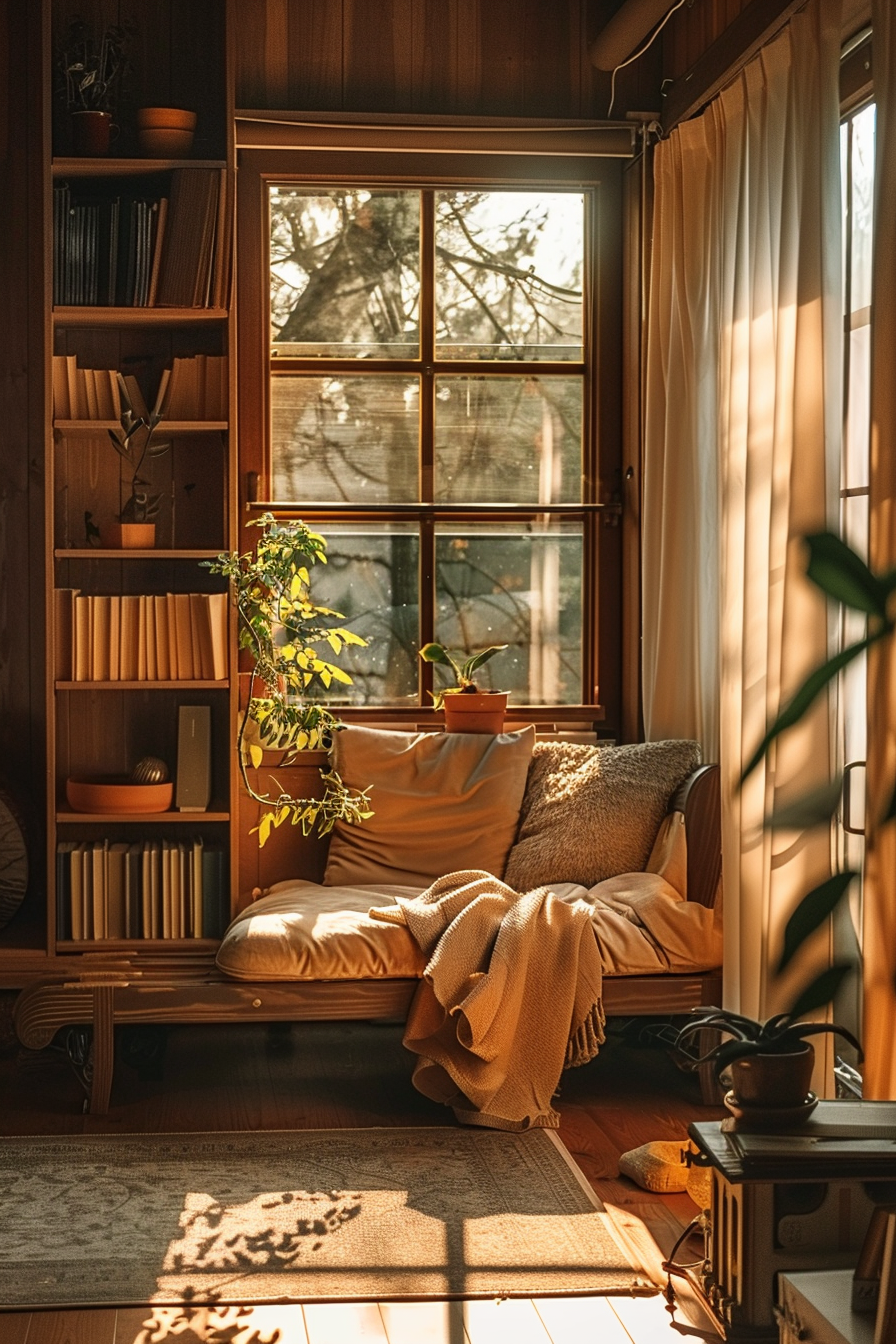 Cozy home interior with a bookshelf, comfortable couch with pillows, a warm blanket, plants, and sunlight streaming through a window.