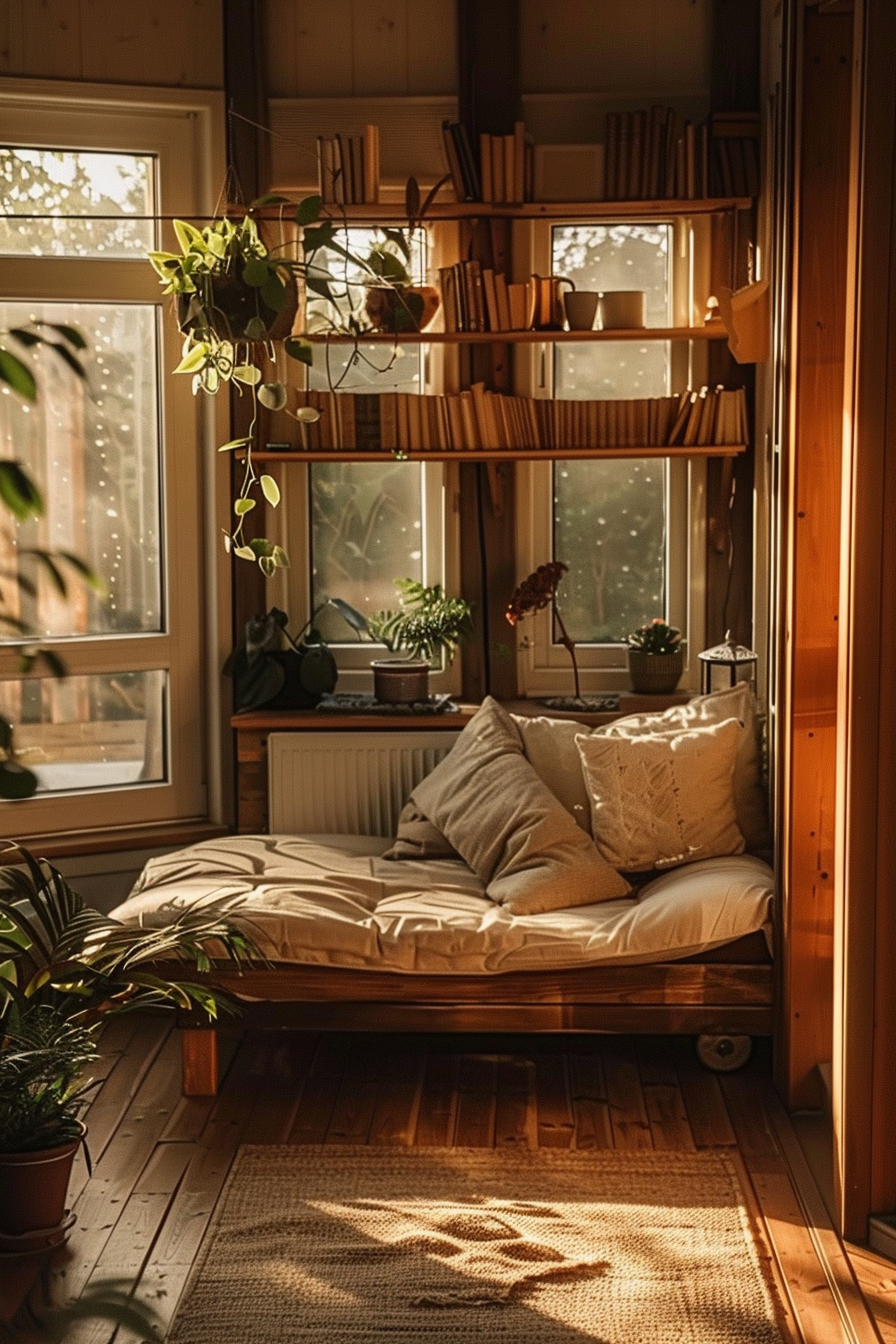 Cozy nook with a daybed, bookshelves, and houseplants basking in warm sunlight filtered through a window.