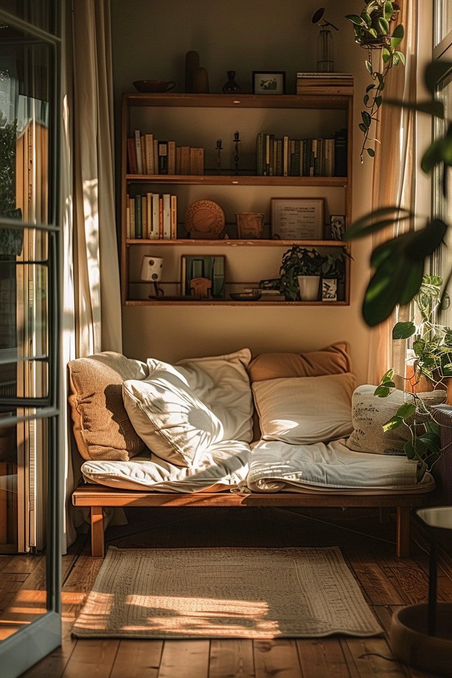 A cozy sunlit reading nook with cushions on a daybed, a bookshelf, plants, and warm sunlight filtering through the window.