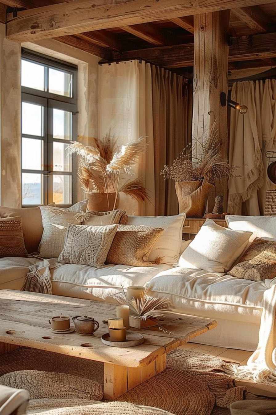 Cozy living room with warm sunlight, featuring a wooden coffee table, sofa with knitted pillows, and dried pampas grass decor.