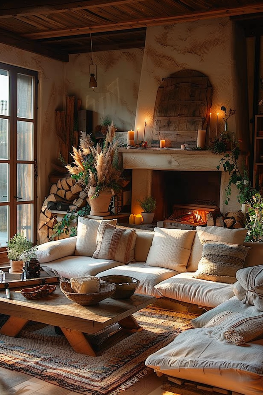 Cozy living room with a lit fireplace, woodpile, candles, a cushioned sofa, rustic tables, and dried pampas grass decor.