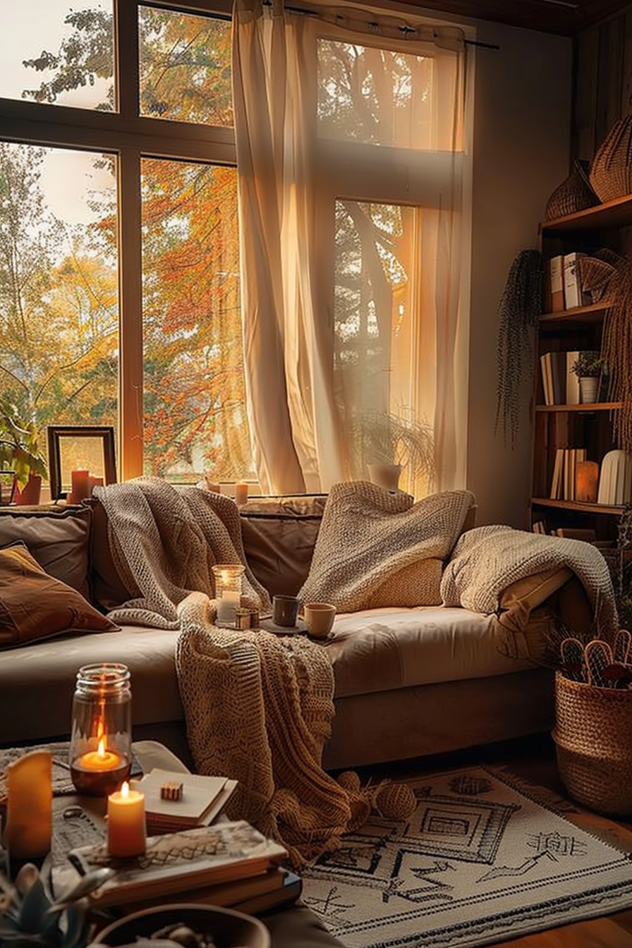 Cozy living room with a warm glow, knit blankets, lit candles, and autumn trees visible through large windows.