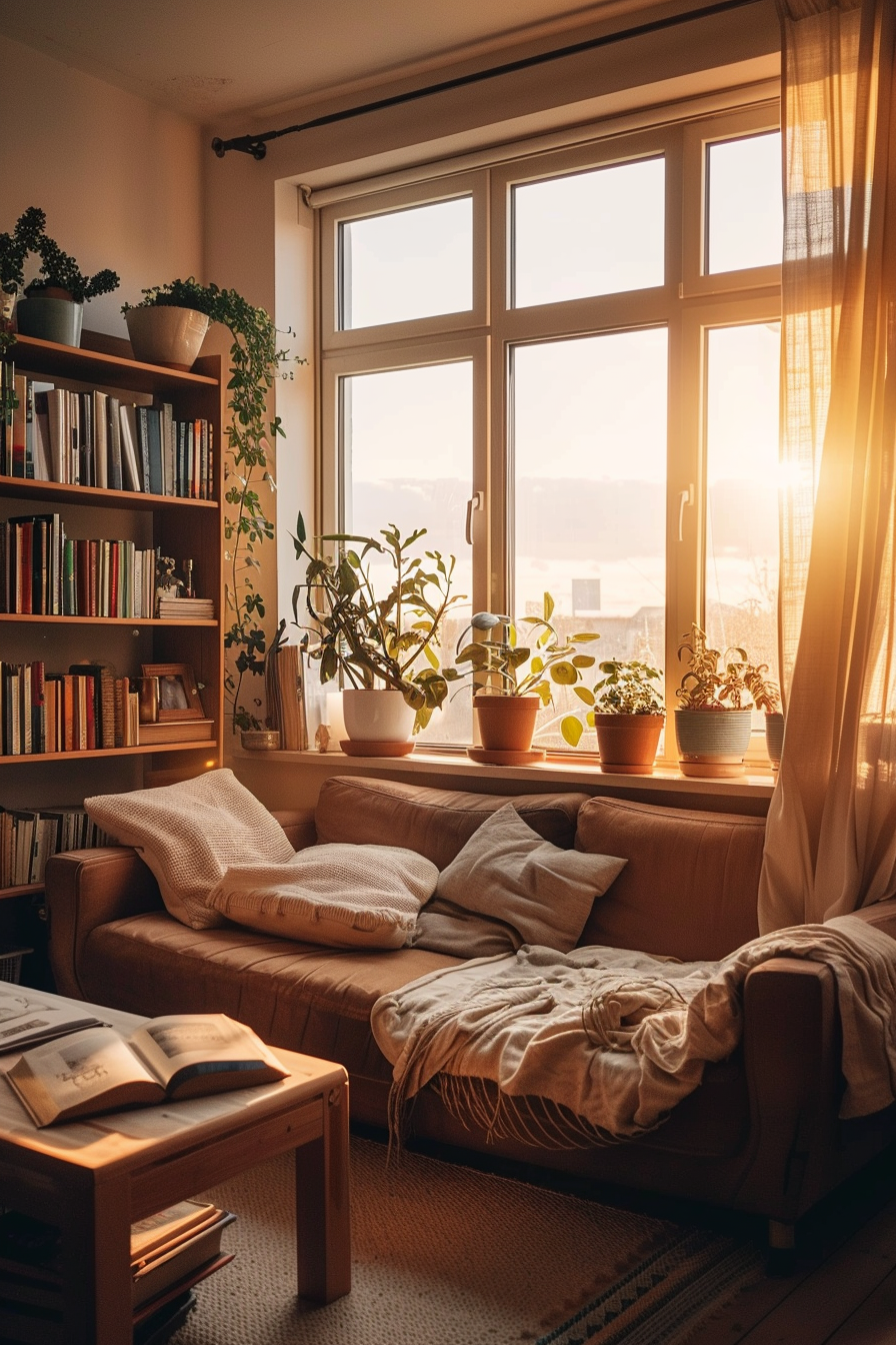 Cozy living room with a leather couch, potted plants by the window, a bookshelf, and sunset light streaming in.