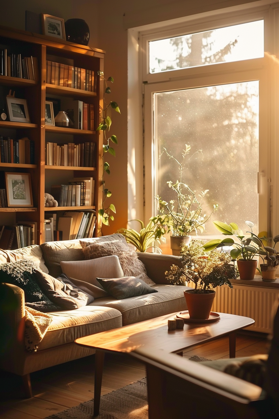 Cozy living room bathed in warm sunlight with plants by the window, a comfy sofa, bookshelf, and wooden coffee table.