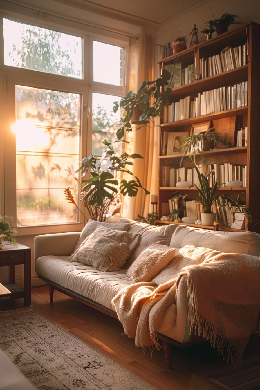 Cozy living room at sunset with a sofa, blanket, bookshelves, plants, and warm golden light coming from the window.