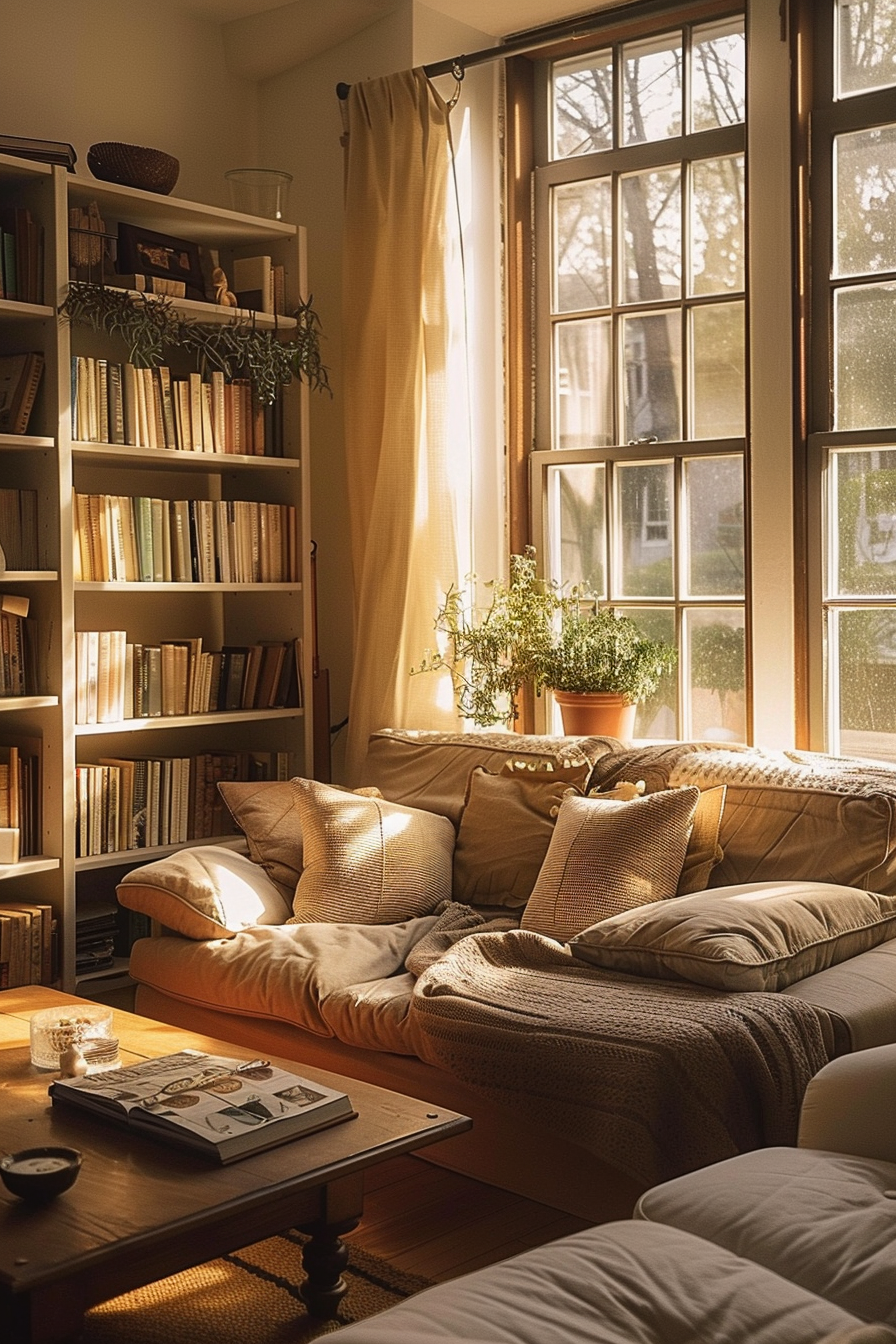 Cozy living room basked in warm sunlight with a plush sofa, bookshelves, and a potted plant by the window.