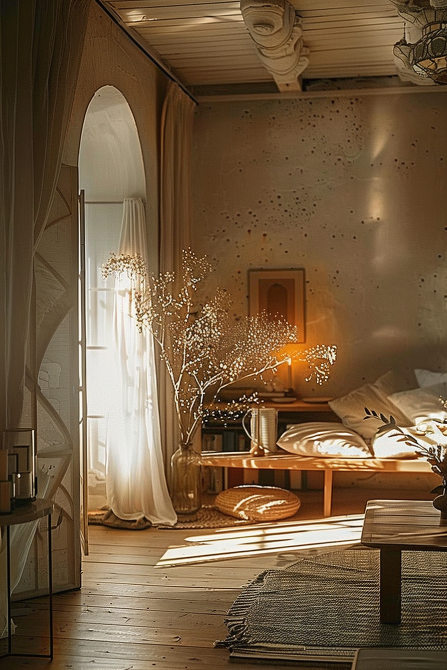 Cozy bedroom bathed in warm sunlight with a comfortable bed, decorative plants, and a sheer curtain blowing gently.
