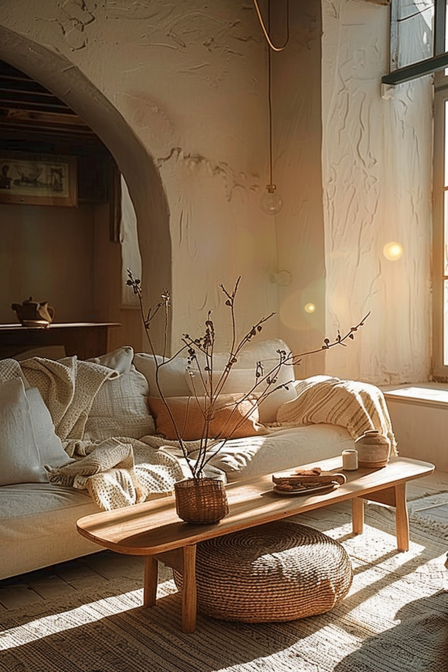 Cozy living room bathed in warm sunlight with a comfy sofa, rustic coffee table, dried plants, and woven accents.