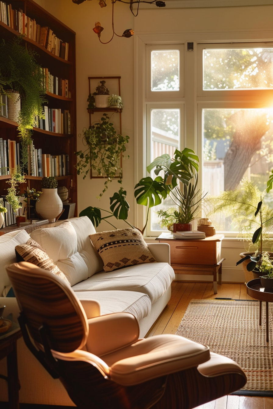 Cozy sunlit living room with a white sofa, plants, bookshelf, and an armchair near the window with warm sunlight streaming in.