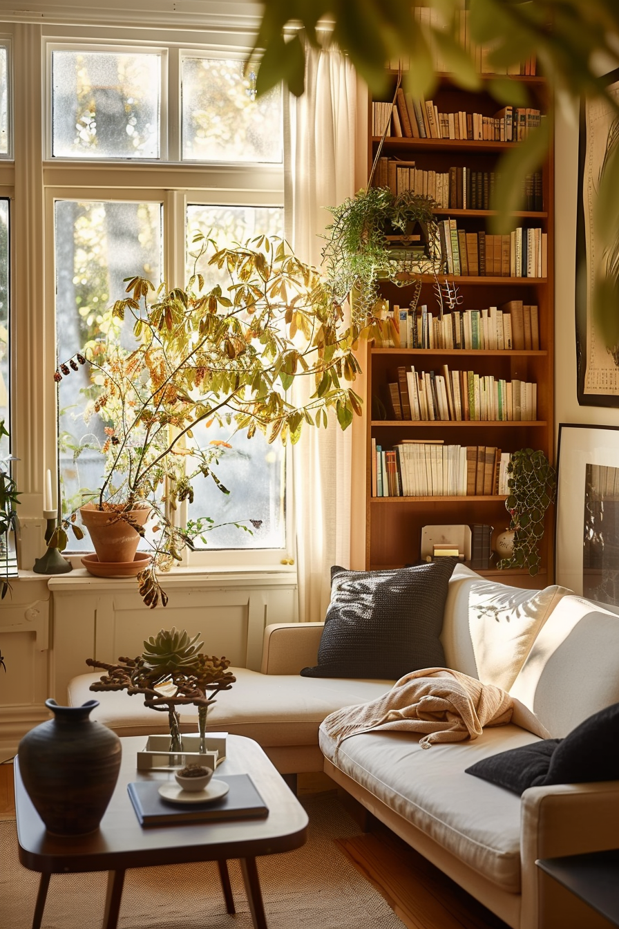Cozy living room corner bathed in natural light with a couch, coffee table, plants, and a bookshelf filled with books.