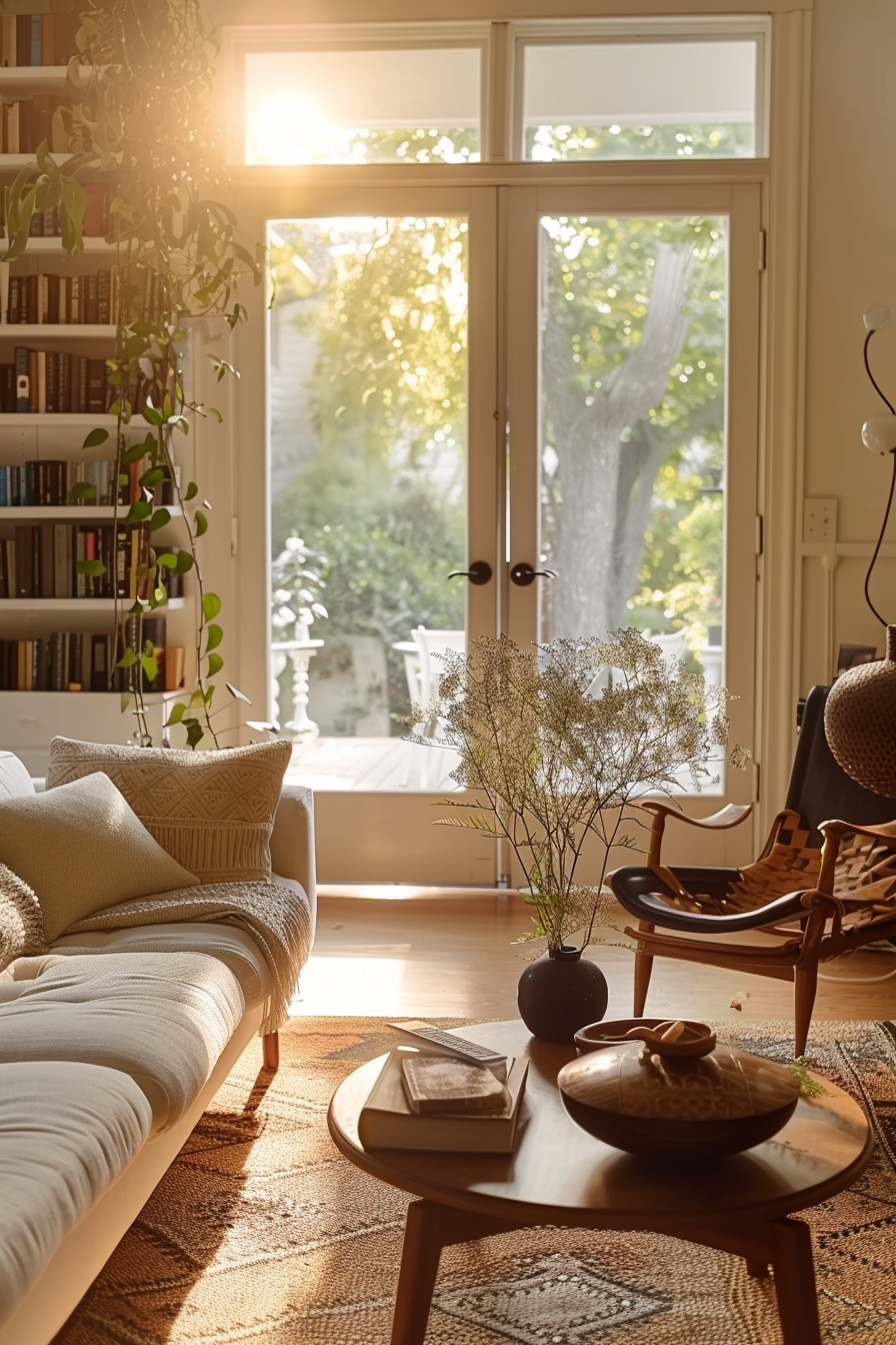 Sunlit cozy living room with books, a comfortable sofa, armchair, and plants near a window overlooking greenery.