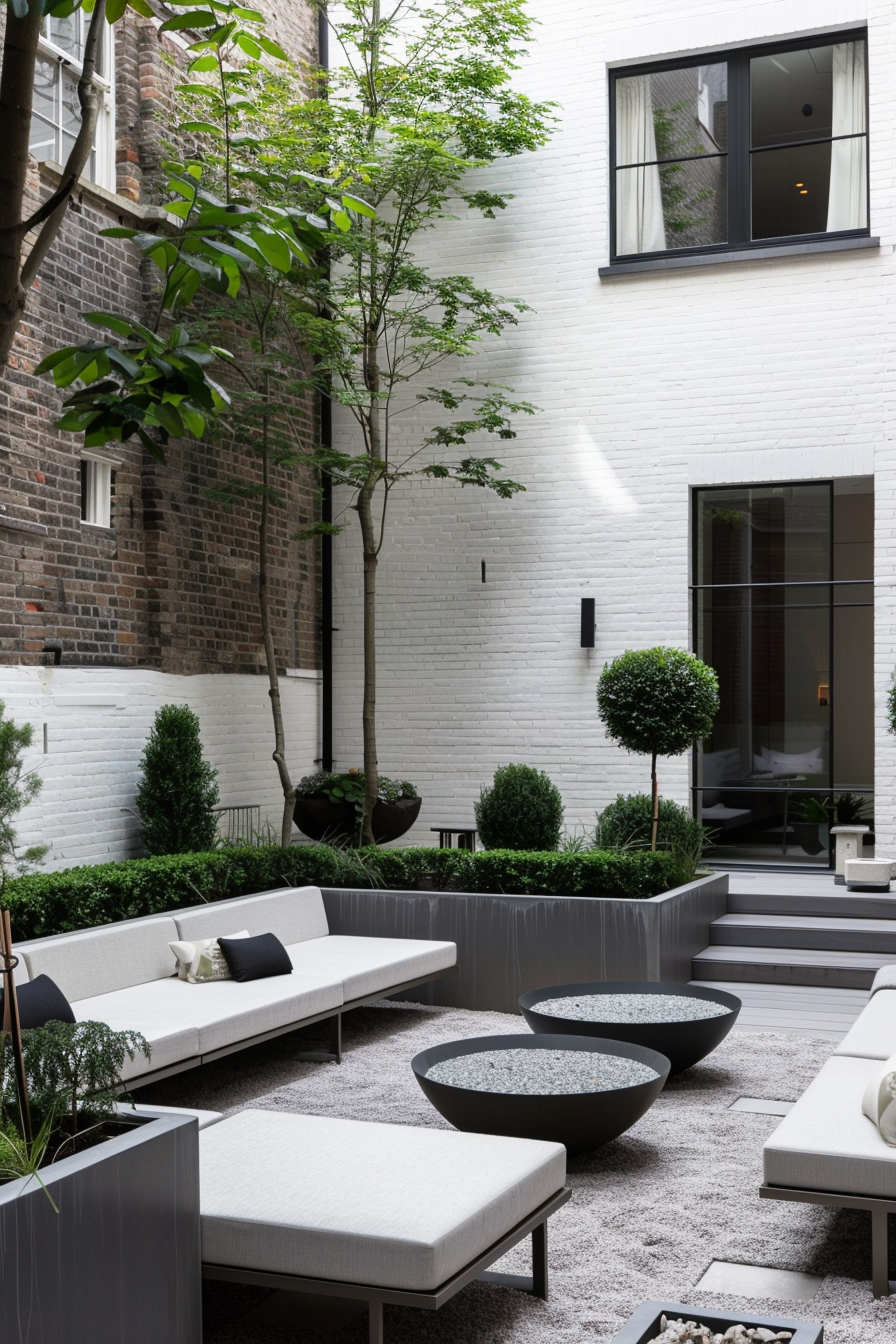 Modern outdoor seating area with white couches, grey planters, and a fire pit surrounded by greenery against white brick walls.