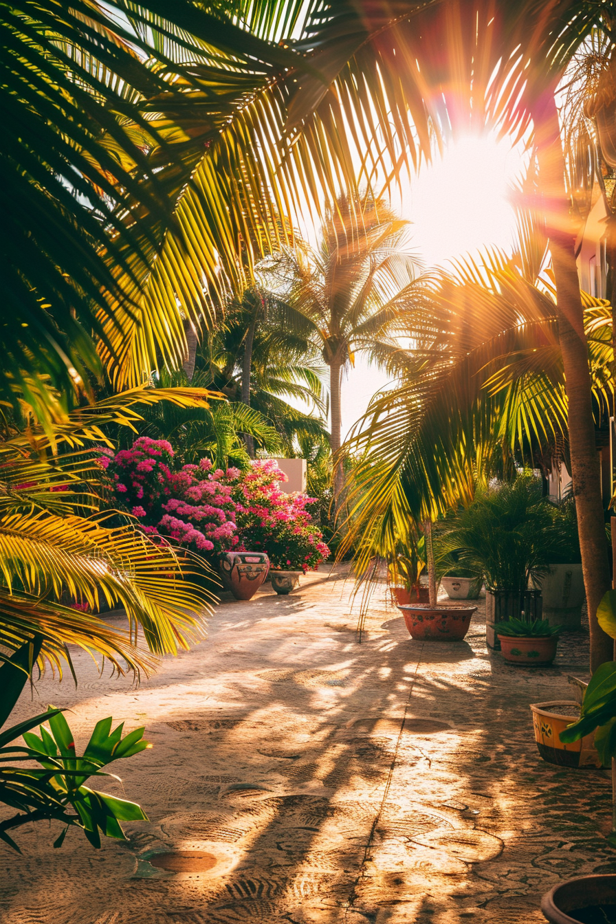 Sunlight filters through palm leaves onto a cobblestone path lined with vibrant pink flowers in pots.