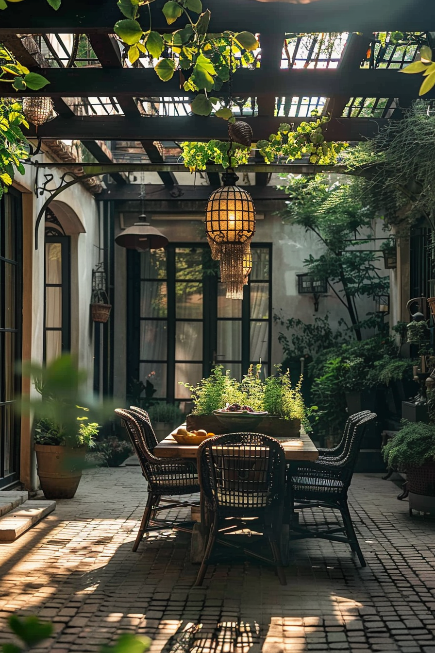 Alt text: A serene patio with wicker furniture set under hanging lanterns, surrounded by lush greenery and sun streaming through a pergola above.