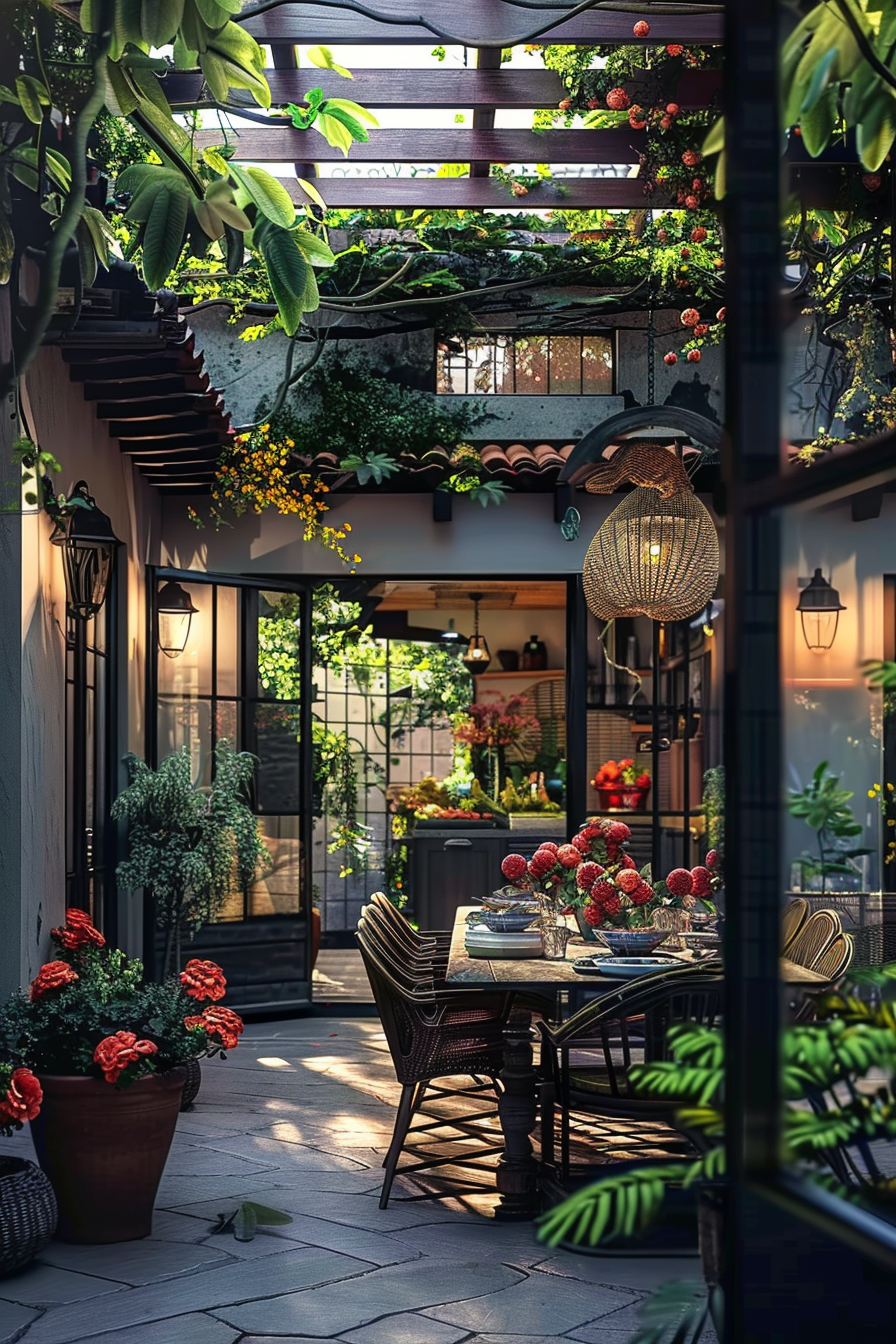 Cozy outdoor dining setting with a table set for a meal amidst lush greenery, hanging plants, and climbing flowers on pergolas.