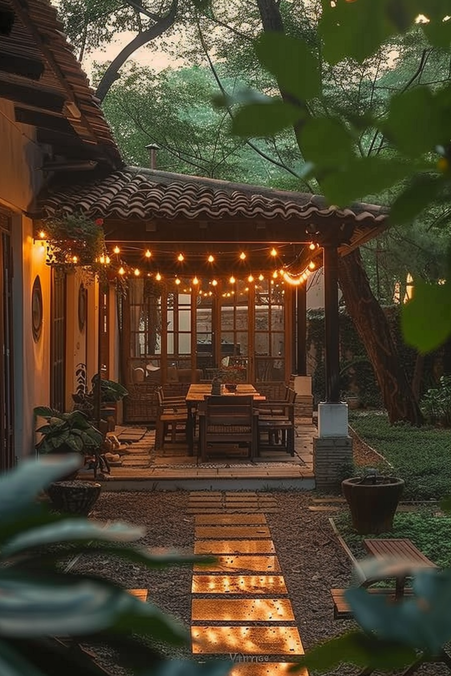 Cozy outdoor patio with string lights, wooden furniture, and a lit pathway amidst lush greenery at dusk.