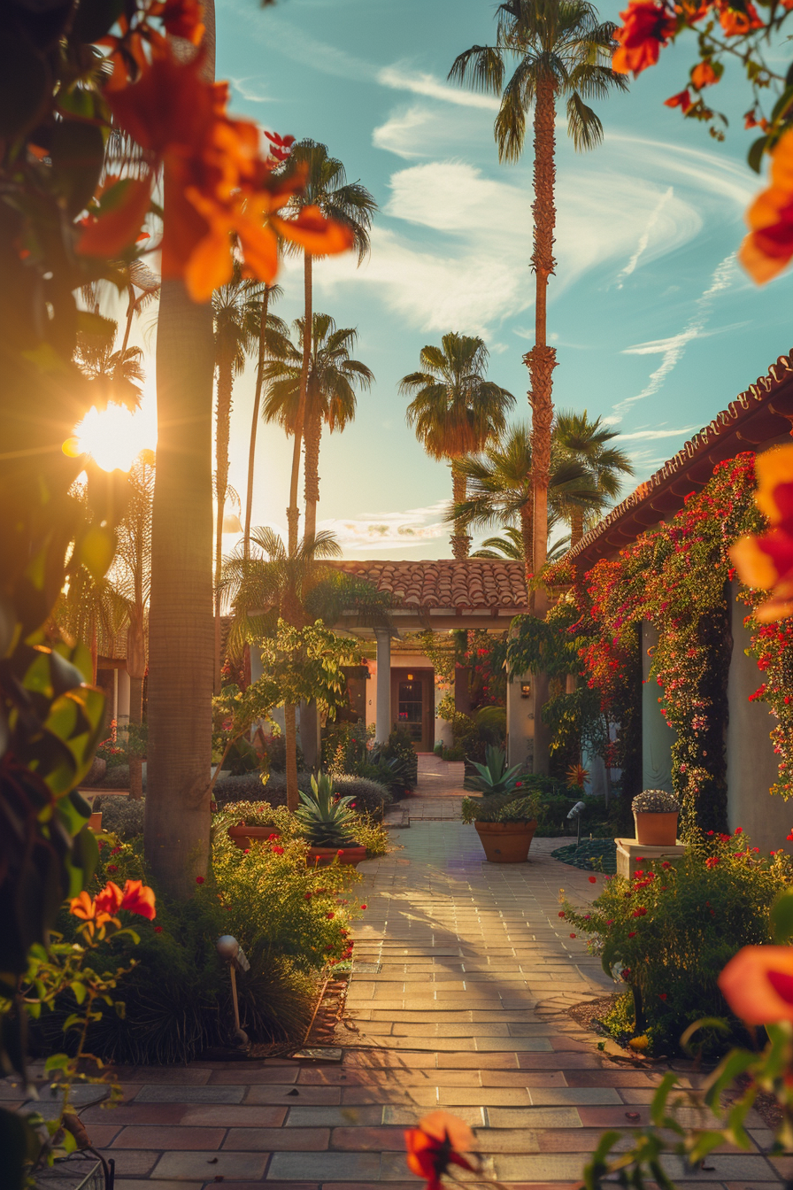 Sunset view of a garden path lined with flowers leading to a villa, framed by palm trees and vibrant flowering plants.
