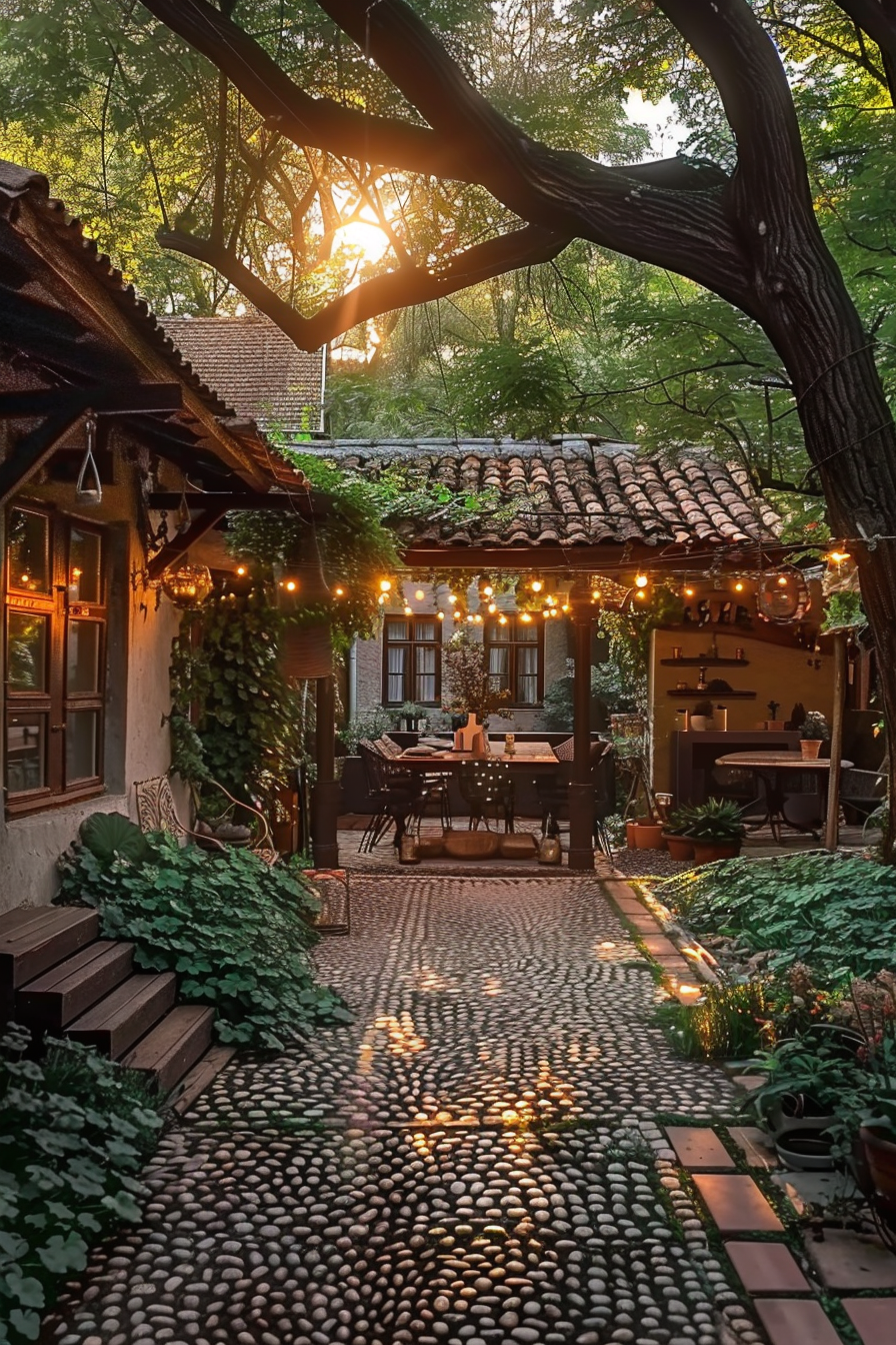 Cozy outdoor patio with string lights, cobblestone pathway, and wooden furniture at sunset surrounded by greenery.