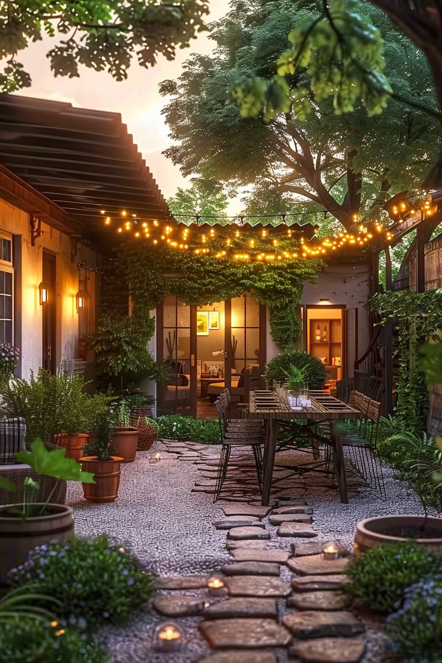 Cozy backyard patio at dusk with string lights, stone pathway, greenery, and outdoor dining setup.