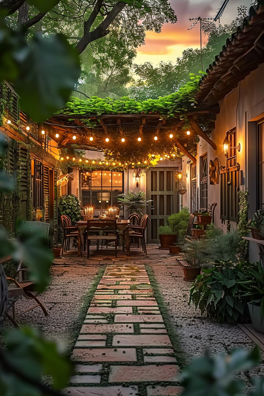 Cozy outdoor dining area with string lights, a lit table setting, and abundant greenery at dusk.