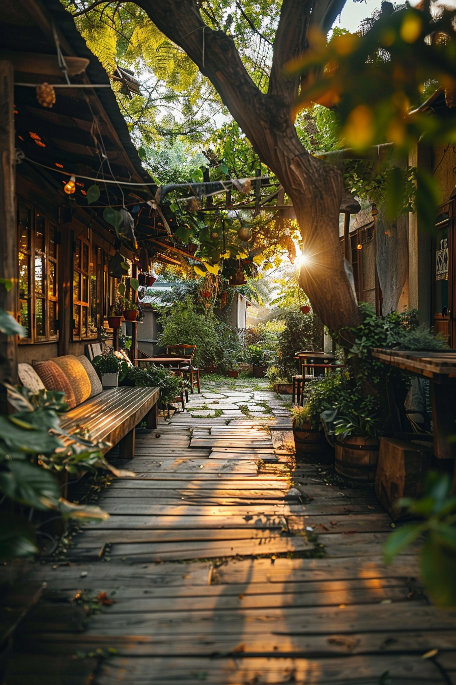 Sunlight filters through lush greenery onto a quaint wooden pathway beside a cozy, plant-draped outdoor café setting.