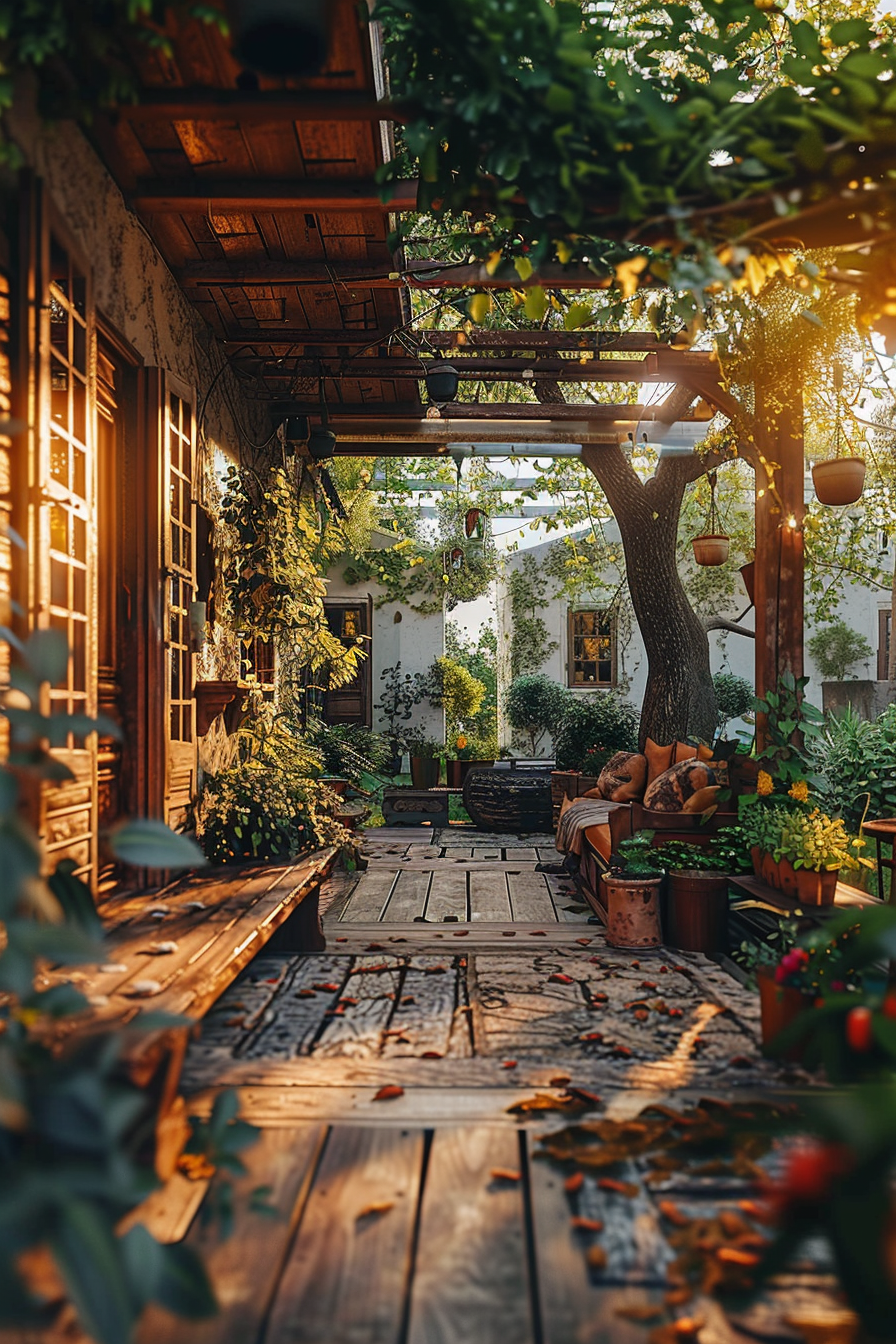 A cozy backyard garden at sunset with wooden benches, lush greenery, hanging pots, and warm golden light filtering through the leaves.