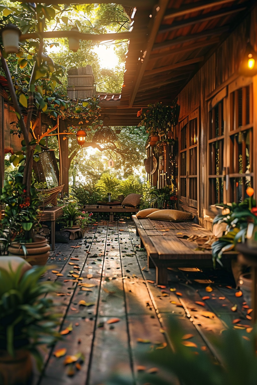 Alt text: "Cozy wooden porch with plants, a bench, and hanging lanterns, illuminated by soft sunlight filtering through leafy trees above."