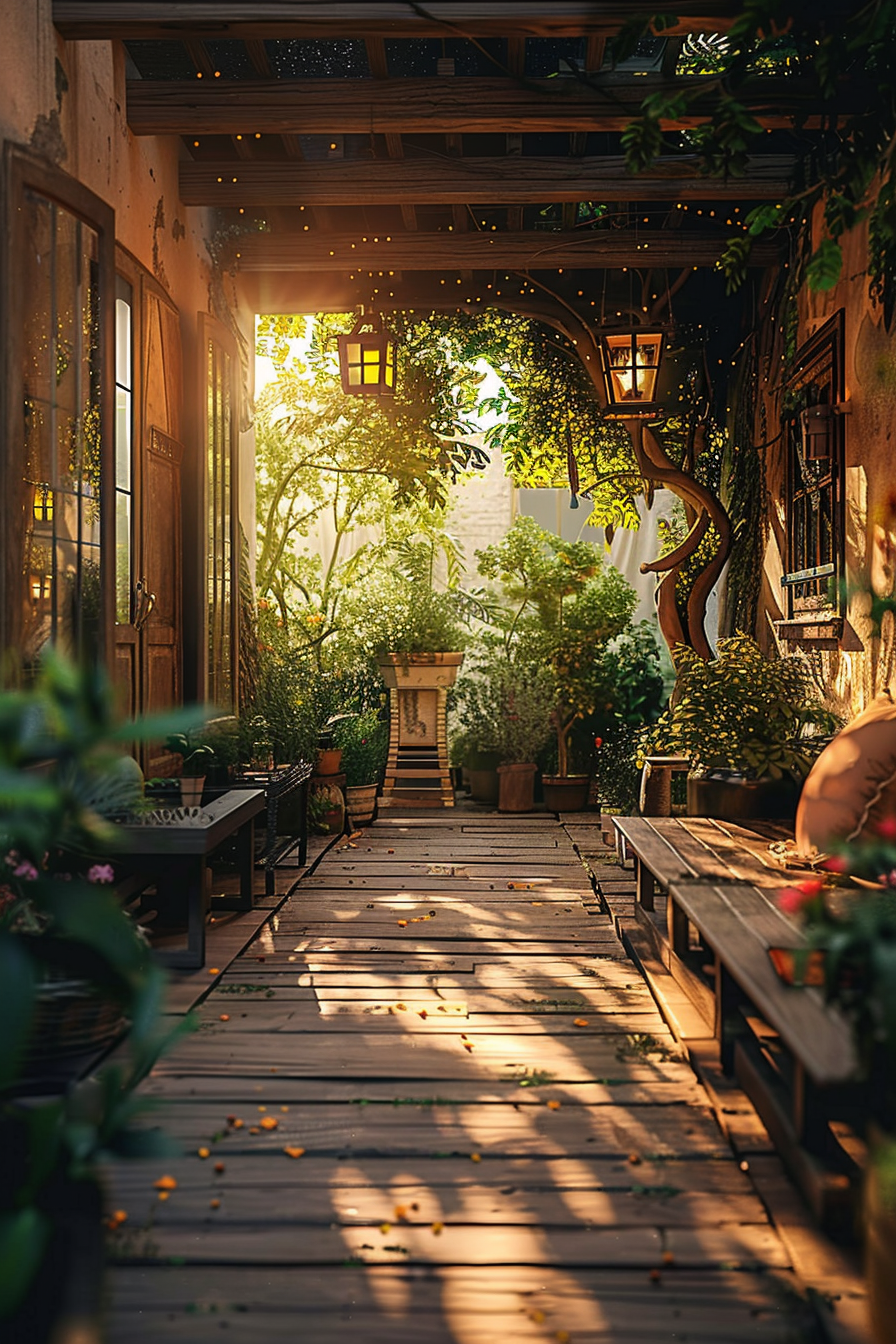 Warm sunlight filters through a lush garden alley with benches, hanging lanterns, and scattered flower petals on the wooden pathway.