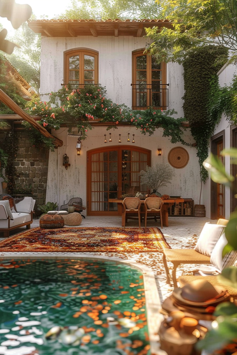 Charming courtyard with lush greenery, a patterned rug, cozy wicker furniture, and a pool reflecting sunlight, evoking a serene atmosphere.