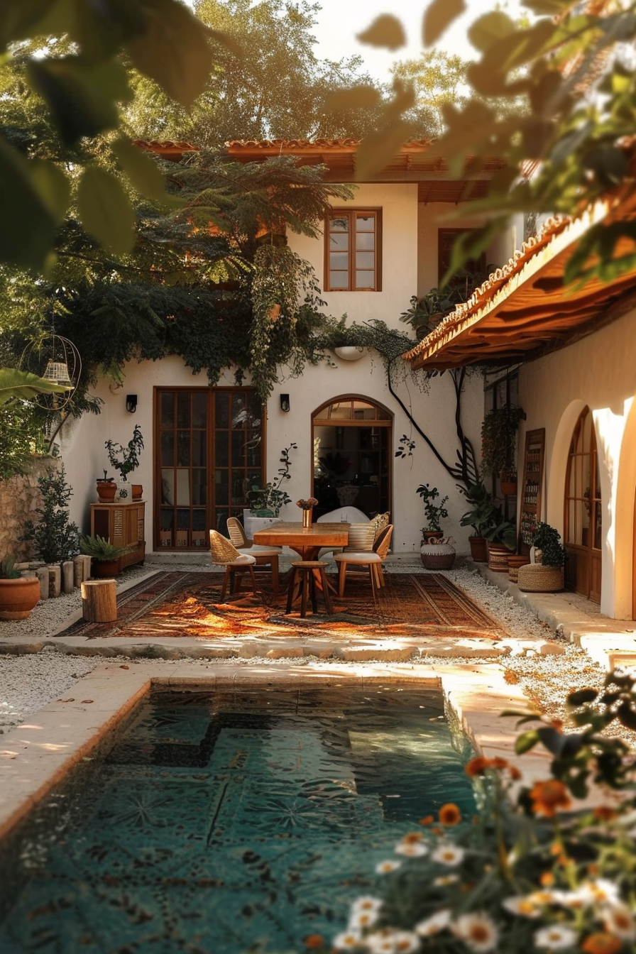 Alt text: Cozy courtyard with a small pool, surrounded by greenery and flowers, with rustic outdoor furniture set against a quaint house.