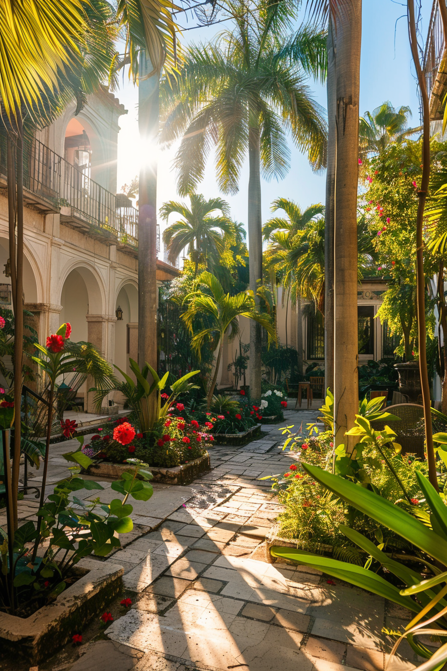 Sunlight streams through palm trees in a serene tropical garden with flowering plants and a tiled pathway.