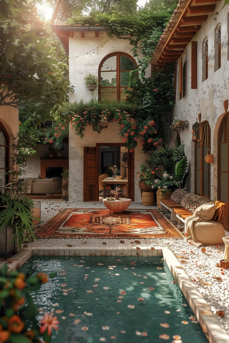 Tranquil courtyard with a small pool, surrounded by lush plants, flowers, and a warmly lit, rustic-style building.