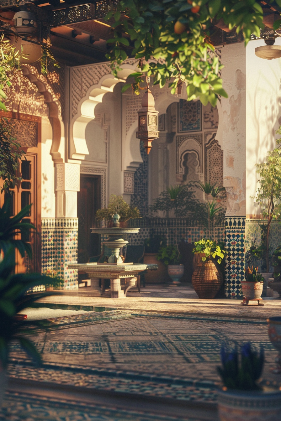 A tranquil Moroccan courtyard with traditional mosaic tiles, carved archways, hanging lanterns, and an array of lush potted plants.