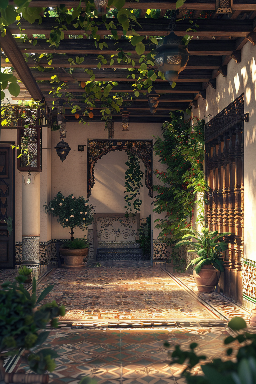 Tranquil courtyard with patterned tiles, lush greenery, wrought-iron gates, traditional lanterns, and sun-dappled walls.