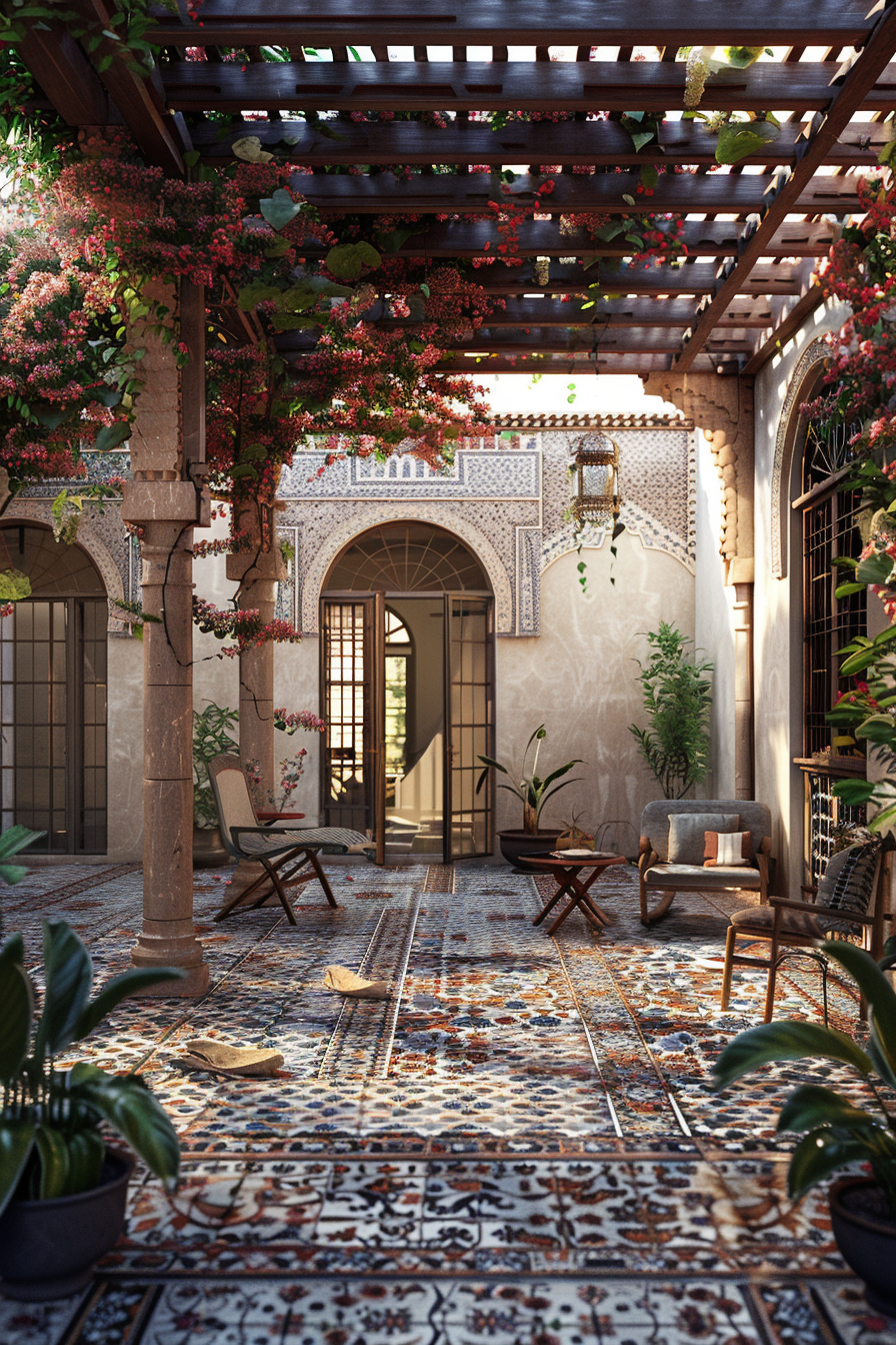 A lush courtyard with a patterned tile floor, flowering vines, a pergola, and outdoor furniture, reflecting a serene and traditional aesthetic.