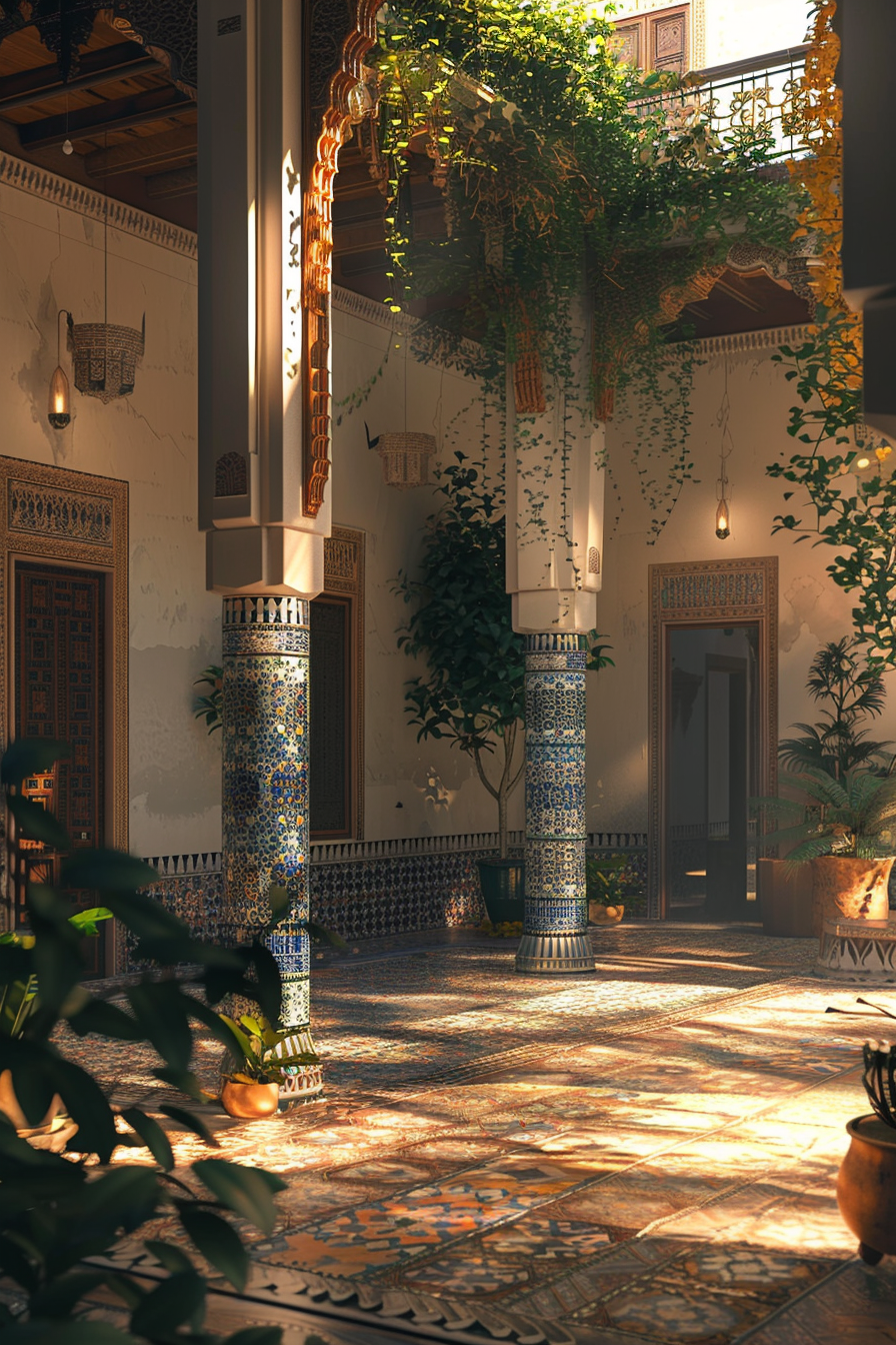Alt text: Sunlit traditional courtyard with mosaic pillars, ornate carvings, hanging plants, and patterned tiles creating a serene ambiance.