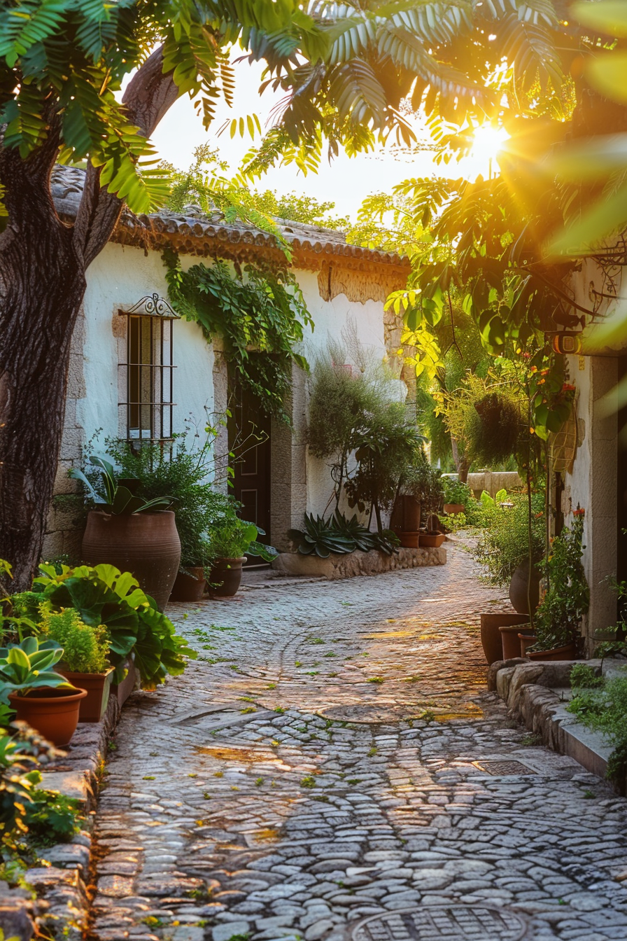 Sunset light filters through foliage over a cobblestone path lined with potted plants, leading to a quaint white village house.