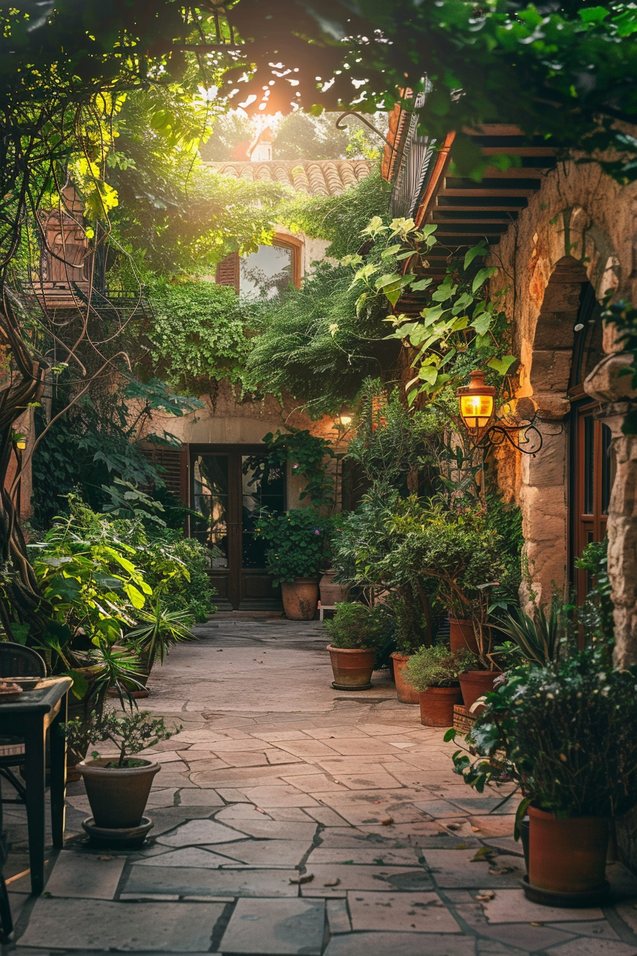 A serene courtyard with lush greenery, potted plants, a stone pathway, and a warmly lit lantern in a rustic setting.