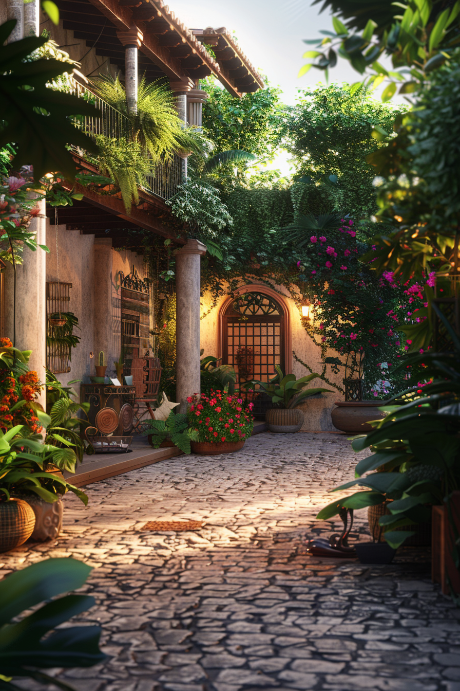 A sunlit cobblestone pathway leading to an arched doorway, surrounded by lush plants and flowers with a traditional two-story house.