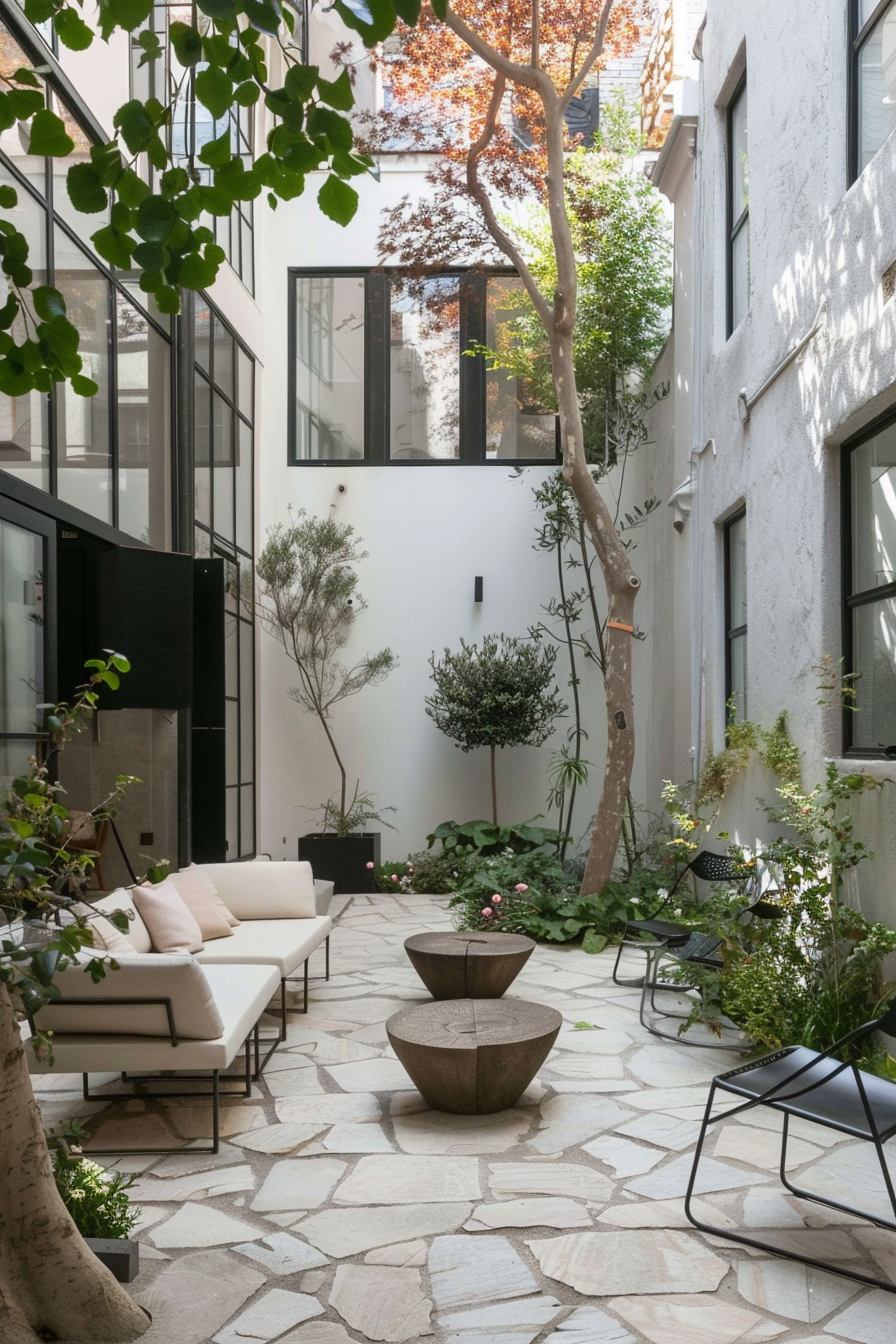 A serene urban courtyard with a stone patio, a modern white sofa, and plants surrounding an airy, light-filled space.
