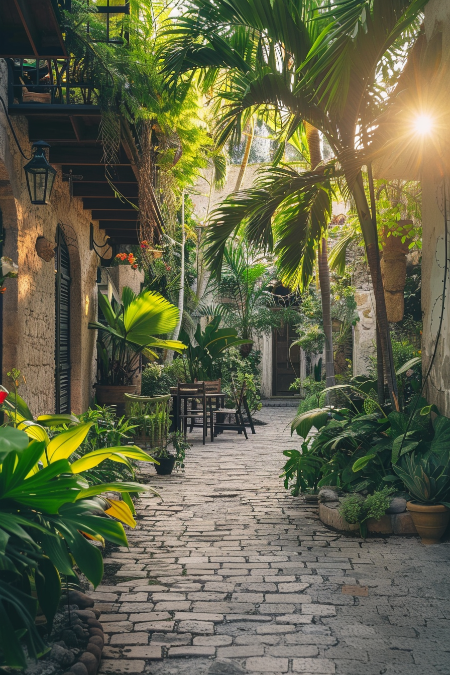 Sunlit cobblestone alley with vibrant tropical plants, outdoor furniture, and lanterns, evoking a serene, garden-like atmosphere.