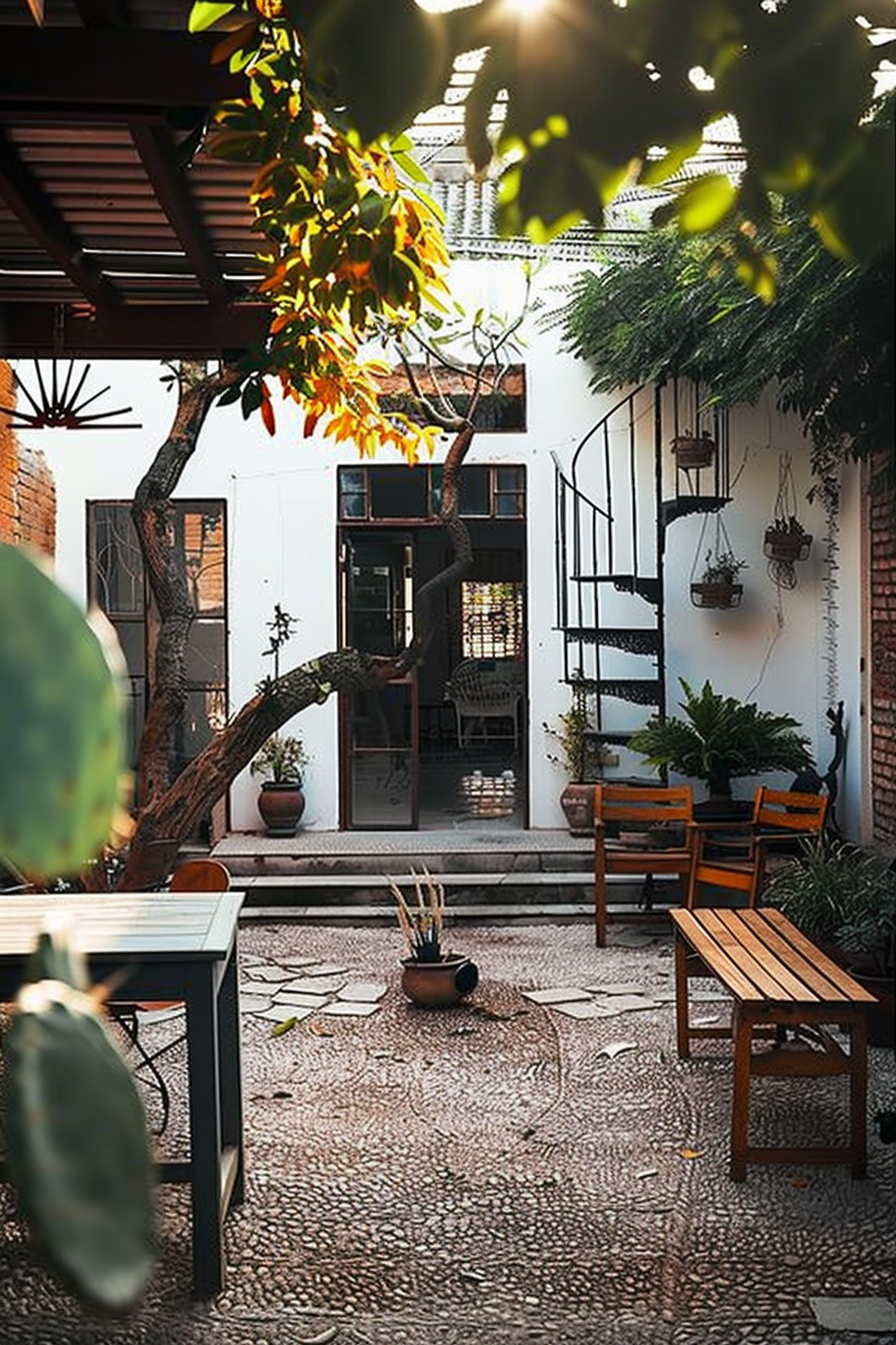 A tranquil courtyard with plants, a spiral staircase, and a sitting area bathed in warm sunlight.