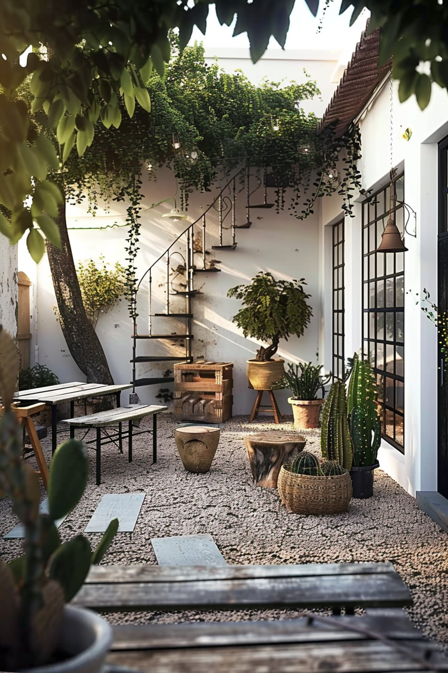 A cozy outdoor patio with potted plants, cacti, rustic furniture, and a winding staircase, bathed in warm sunlight.