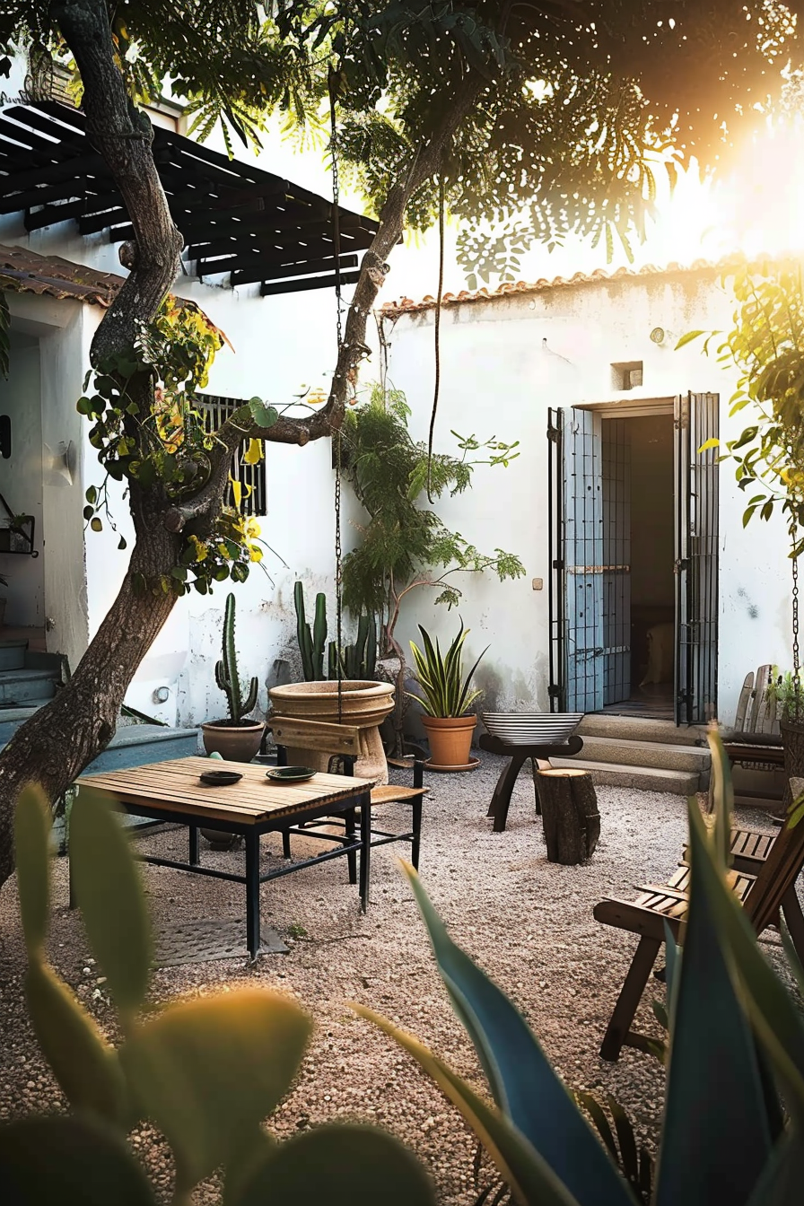 A serene courtyard with a wooden table, chairs, potted plants, a stone sink, and a grill, basked in warm sunlight filtering through trees.